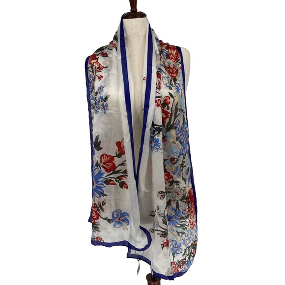 Vince Camuto Silk Scarf Floral Rectangle 17 x 72 Blue Red Satin - Picture 1 of 11